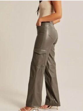 Abercrombie & Fitch Olive Green Faux Leather Straight Leg Cargo Pants